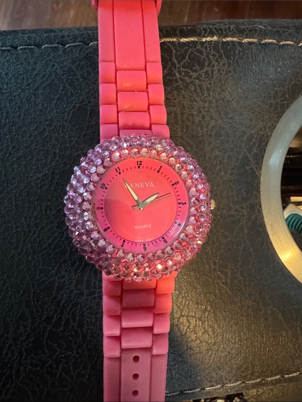Geneva Pink Crystal Accent Silicone Strap Watch working watch